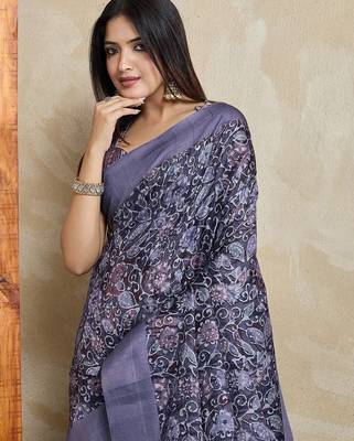 blue ajrak block handloom saree with tassels 5