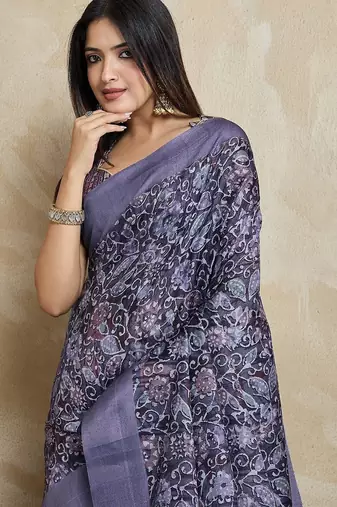 blue ajrak block handloom saree with tassels