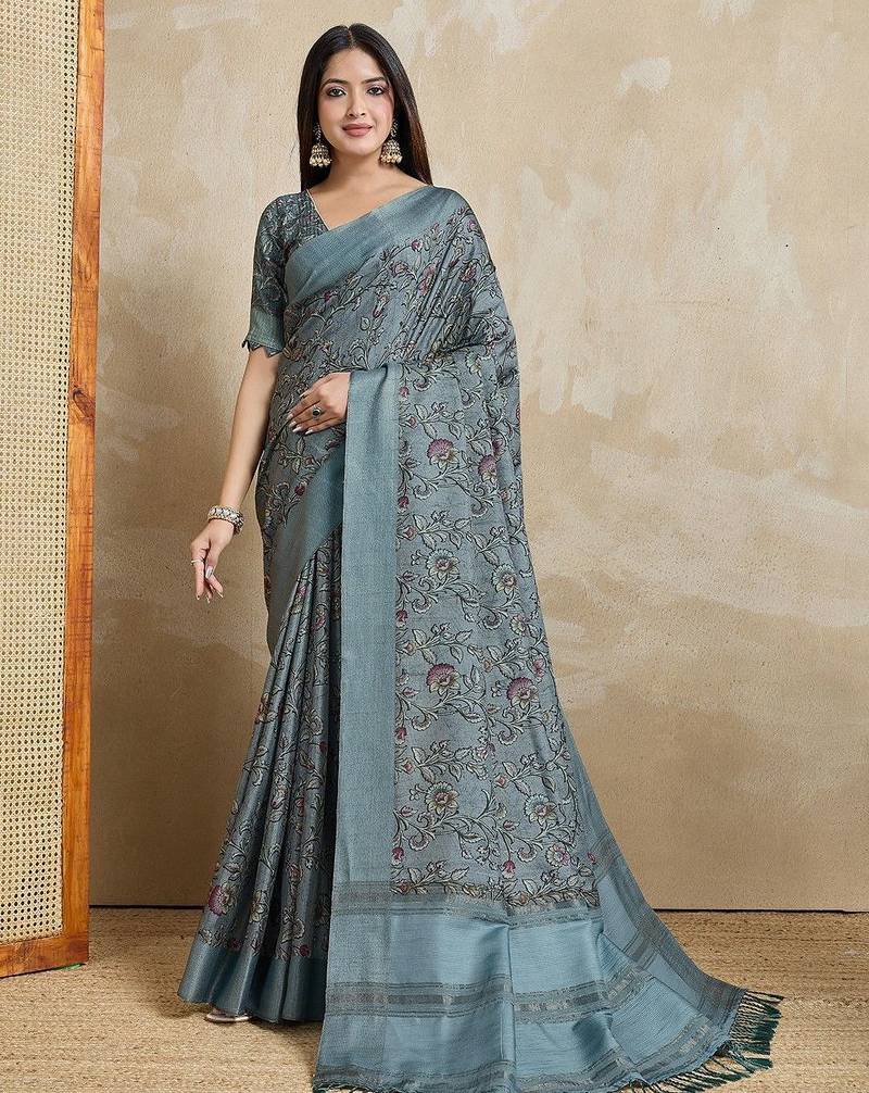 grey floral printed saree