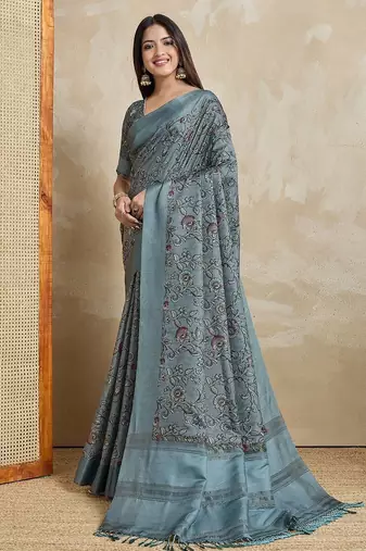 grey floral printed saree