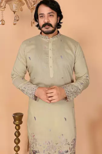 Rani pink heavy linen cotton embroidery sequence work premium designer kurta pajama