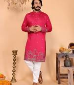 Red heavy linen cotton embroidery sequence work premium designer only kurta