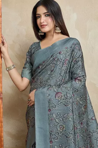 grey floral printed saree