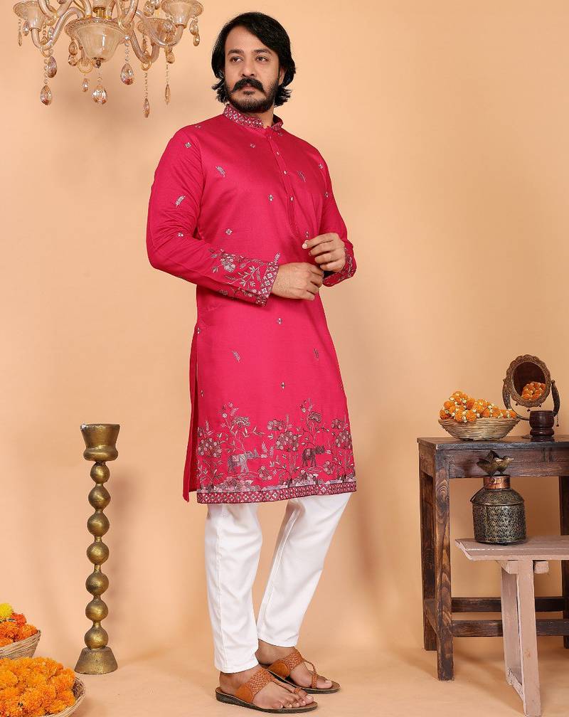 Red heavy linen cotton embroidery sequence work premium designer only kurta