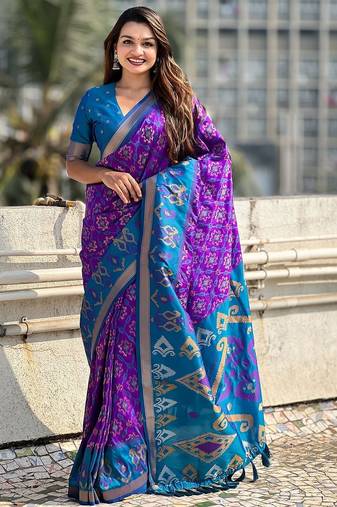 purple floral zari patola saree