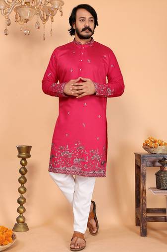 Red heavy linen cotton embroidery sequence work premium designer kurta pajama