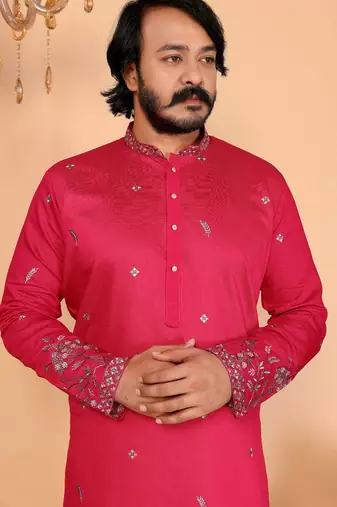 Red heavy linen cotton embroidery sequence work premium designer kurta pajama