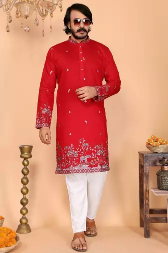 White heavy linen cotton embroidery sequence work premium designer kurta pajama