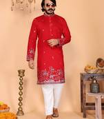 White heavy linen cotton embroidery sequence work premium designer kurta pajama