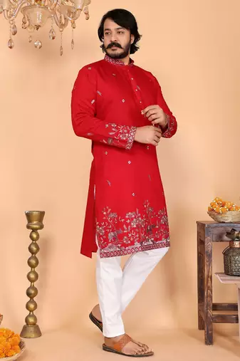 White heavy linen cotton embroidery sequence work premium designer kurta pajama