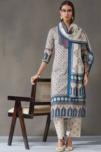 tailored women printed kurta with trousers with dupatta