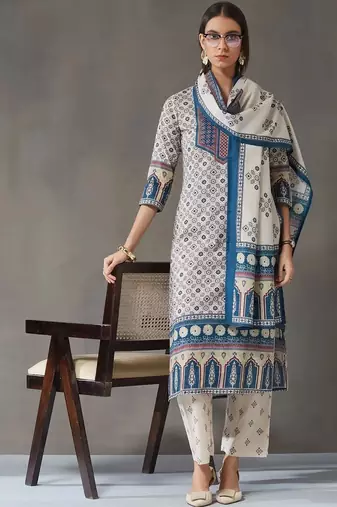 tailored women printed kurta with trousers with dupatta