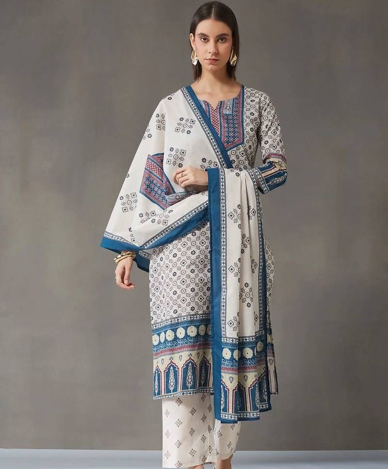 tailored women printed kurta with trousers with dupatta