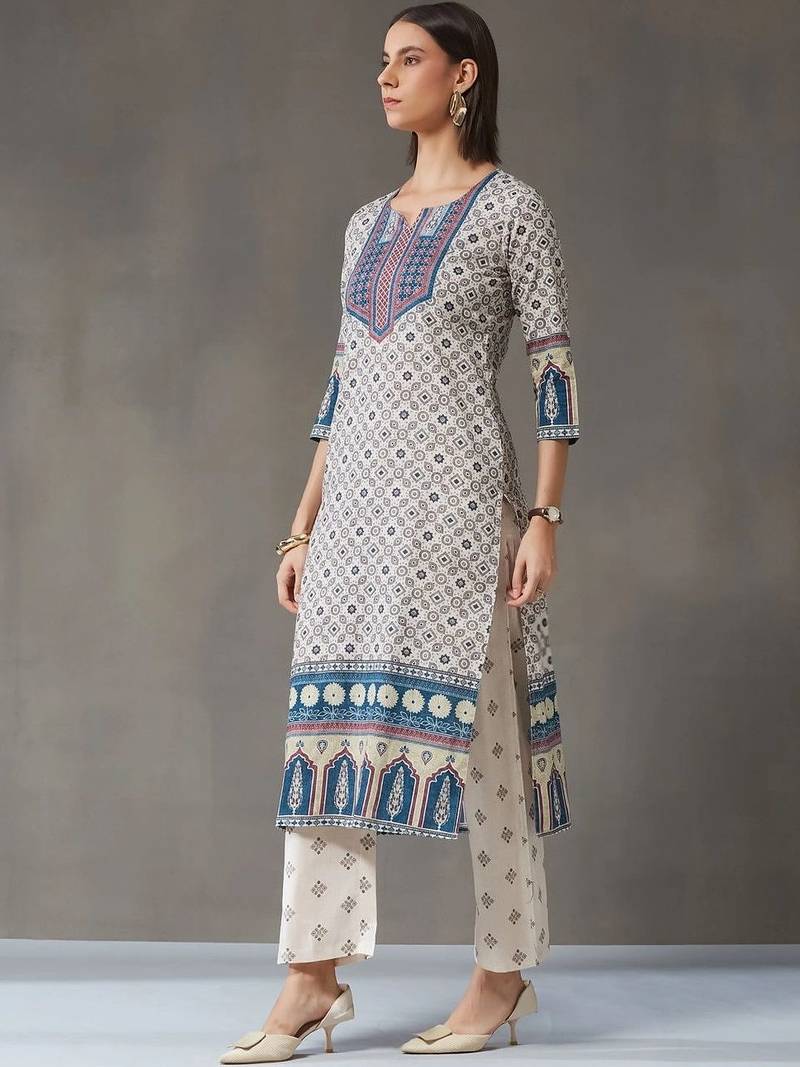 tailored women printed kurta with trousers with dupatta