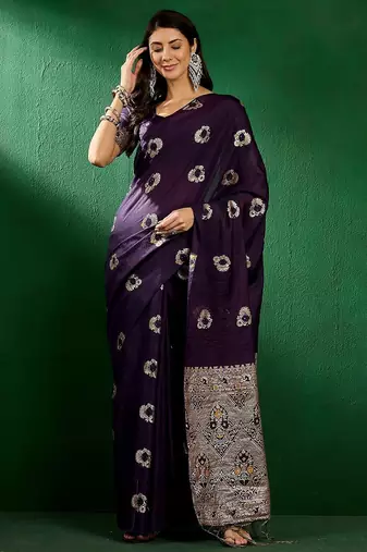 purple ethnic motifs zari banarasi saree