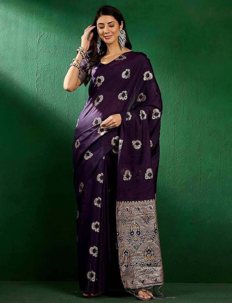 purple ethnic motifs zari banarasi saree