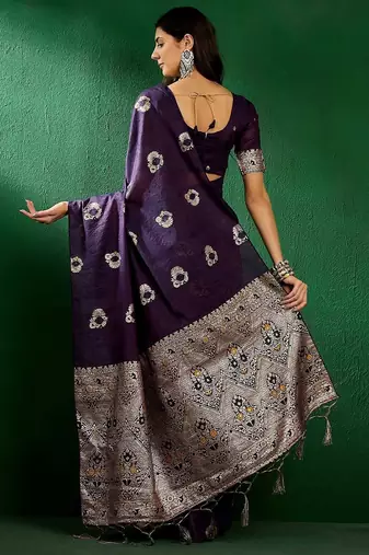 purple ethnic motifs zari banarasi saree