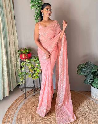 Peach embellished sequinned  saree 1