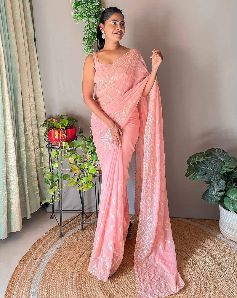 Peach embellished sequinned  saree