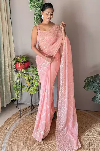Peach embellished sequinned  saree