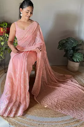 Peach embellished sequinned  saree