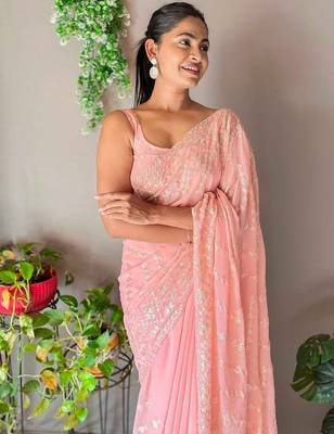 Peach embellished sequinned  saree 4