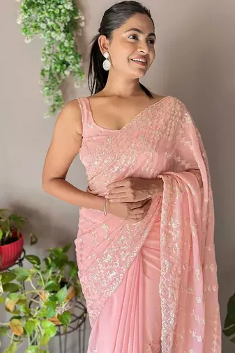 Peach embellished sequinned  saree