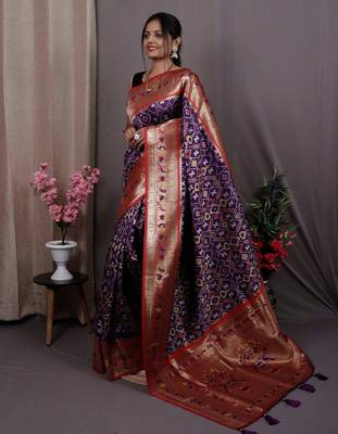purple purple & red ethnic motifs woven design zari patola saree 1