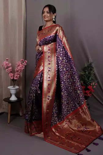 purple purple & red ethnic motifs woven design zari patola saree