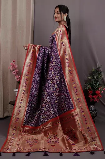purple purple & red ethnic motifs woven design zari patola saree