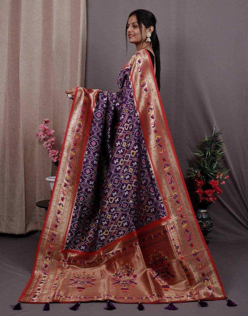 purple purple & red ethnic motifs woven design zari patola saree