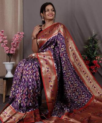 purple purple & red ethnic motifs woven design zari patola saree 3