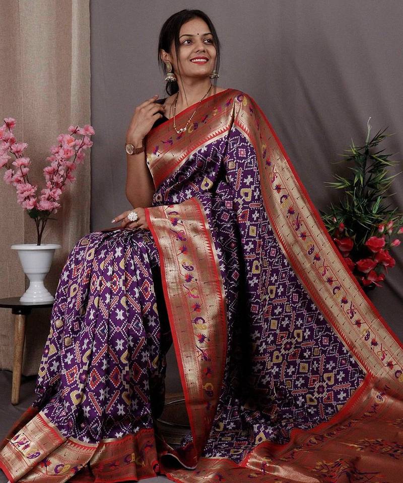 purple purple & red ethnic motifs woven design zari patola saree