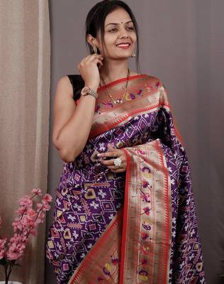 purple purple & red ethnic motifs woven design zari patola saree 4