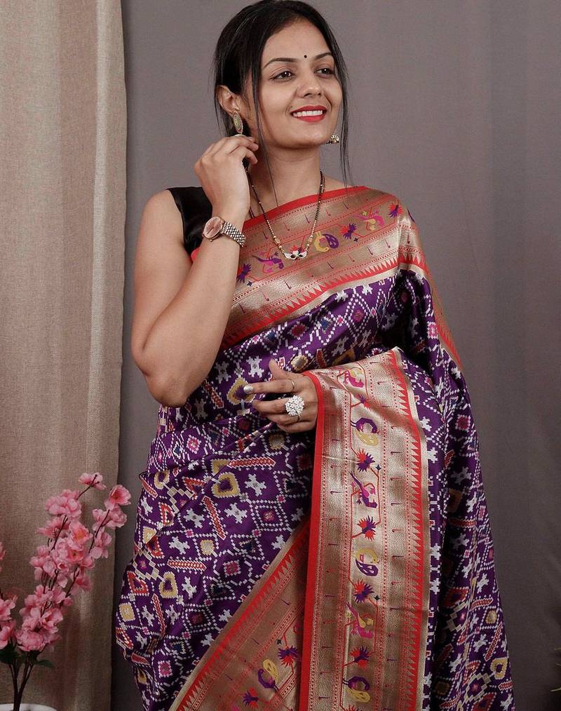purple purple & red ethnic motifs woven design zari patola saree