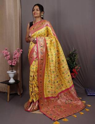yellow yellow & pink ethnic motifs woven design zari patola saree 1