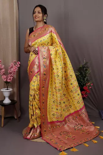 yellow yellow & pink ethnic motifs woven design zari patola saree