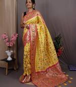 yellow yellow & pink ethnic motifs woven design zari patola saree