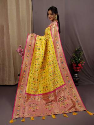 yellow yellow & pink ethnic motifs woven design zari patola saree 2