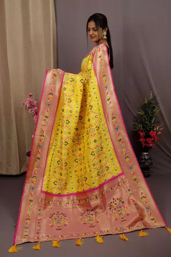 yellow yellow & pink ethnic motifs woven design zari patola saree
