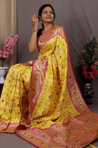 yellow yellow & pink ethnic motifs woven design zari patola saree