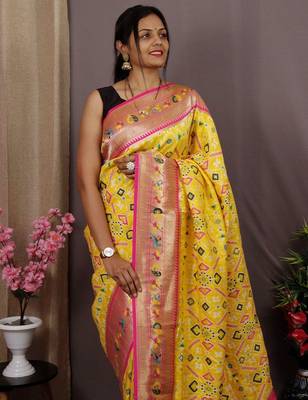 yellow yellow & pink ethnic motifs woven design zari patola saree 4