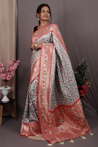 white white & red ethnic motifs zari handloom banarasi saree