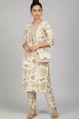 smart women printed kurta with trousers