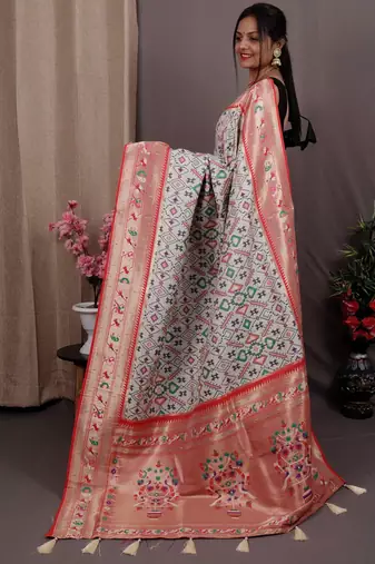 white white & red ethnic motifs zari handloom banarasi saree
