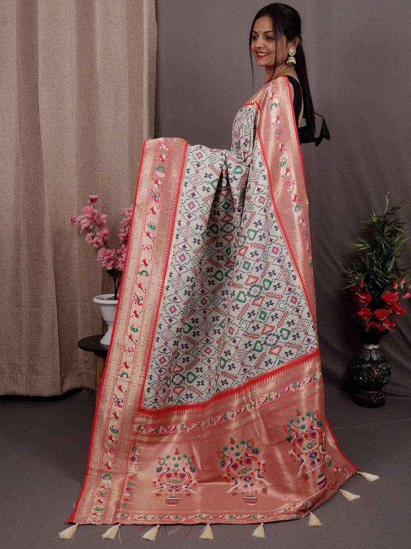 white white & red ethnic motifs zari handloom banarasi saree