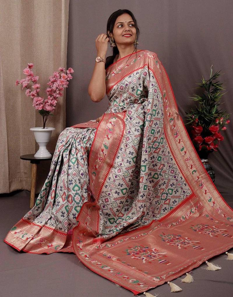 white white & red ethnic motifs zari handloom banarasi saree