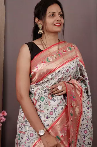 white white & red ethnic motifs zari handloom banarasi saree