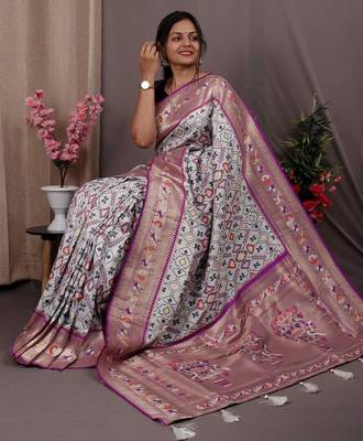 white blue & gold-toned ethnic motif woven design zari patola saree 3
