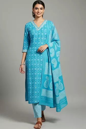 smart women printed kurta with trousers with dupatta